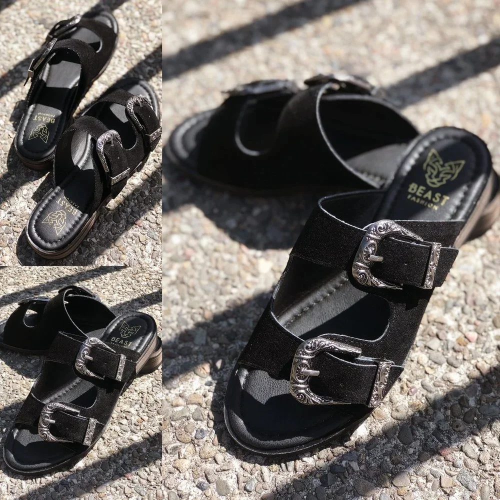 NEW Black Faux Suede Western Metal Buckled Straps Slides Slip On Sandals Shoes - Picture 11 of 12